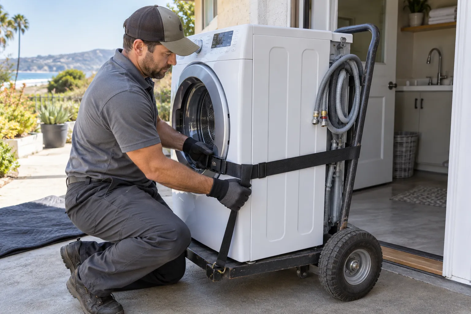 A washing machine secured to an appliance dolly