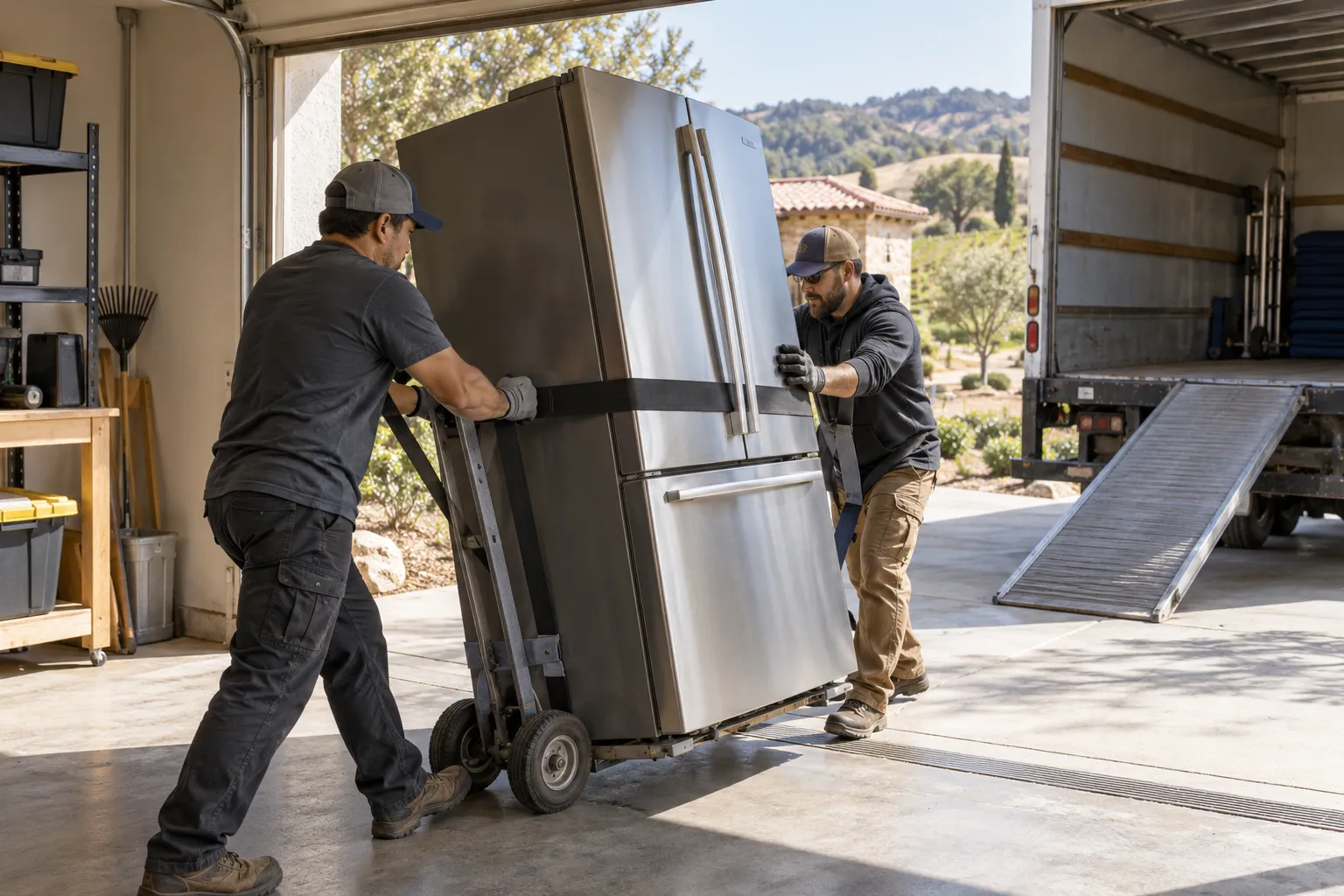 Workers moving a refrigerator with an appliance dolly