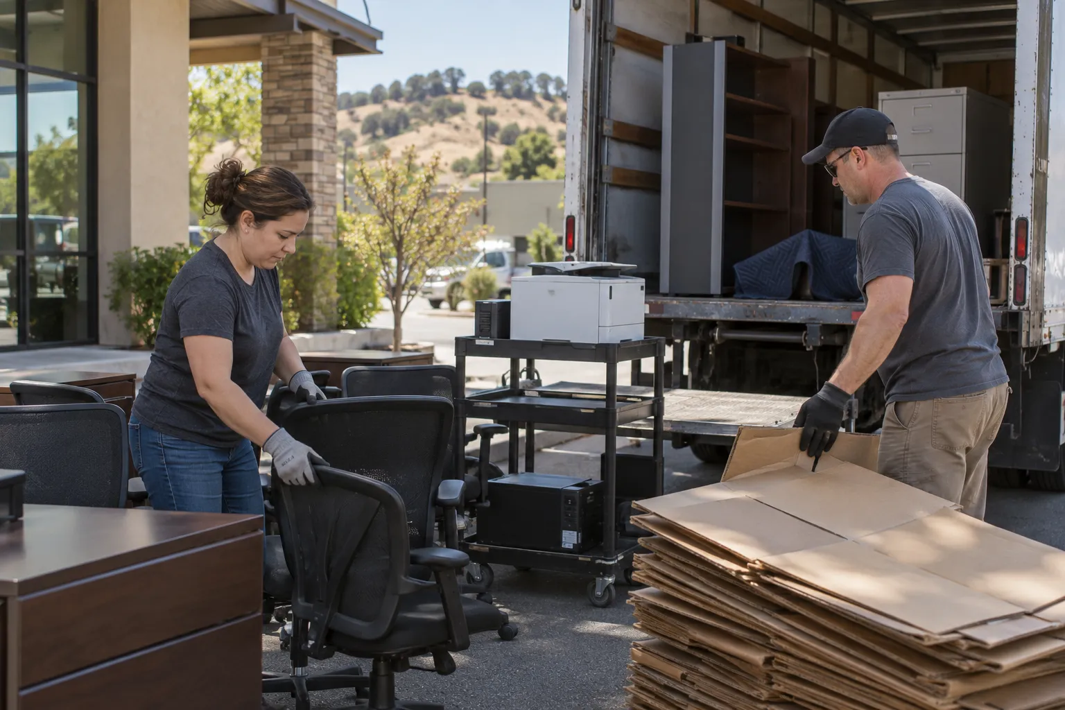 Office furniture and equipment organized beside a removal truck
