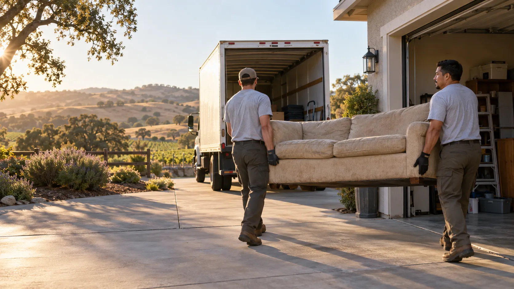 Workers carrying a sofa from a Paso Robles garage toward a removal truck